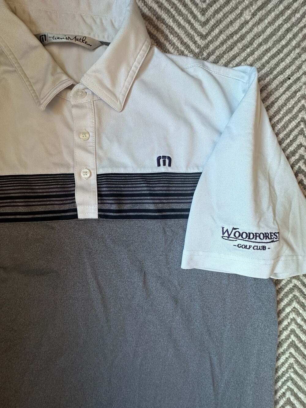 TravisMathew Polo Shirt Size L Woodforest Golf Club Grey White Striped